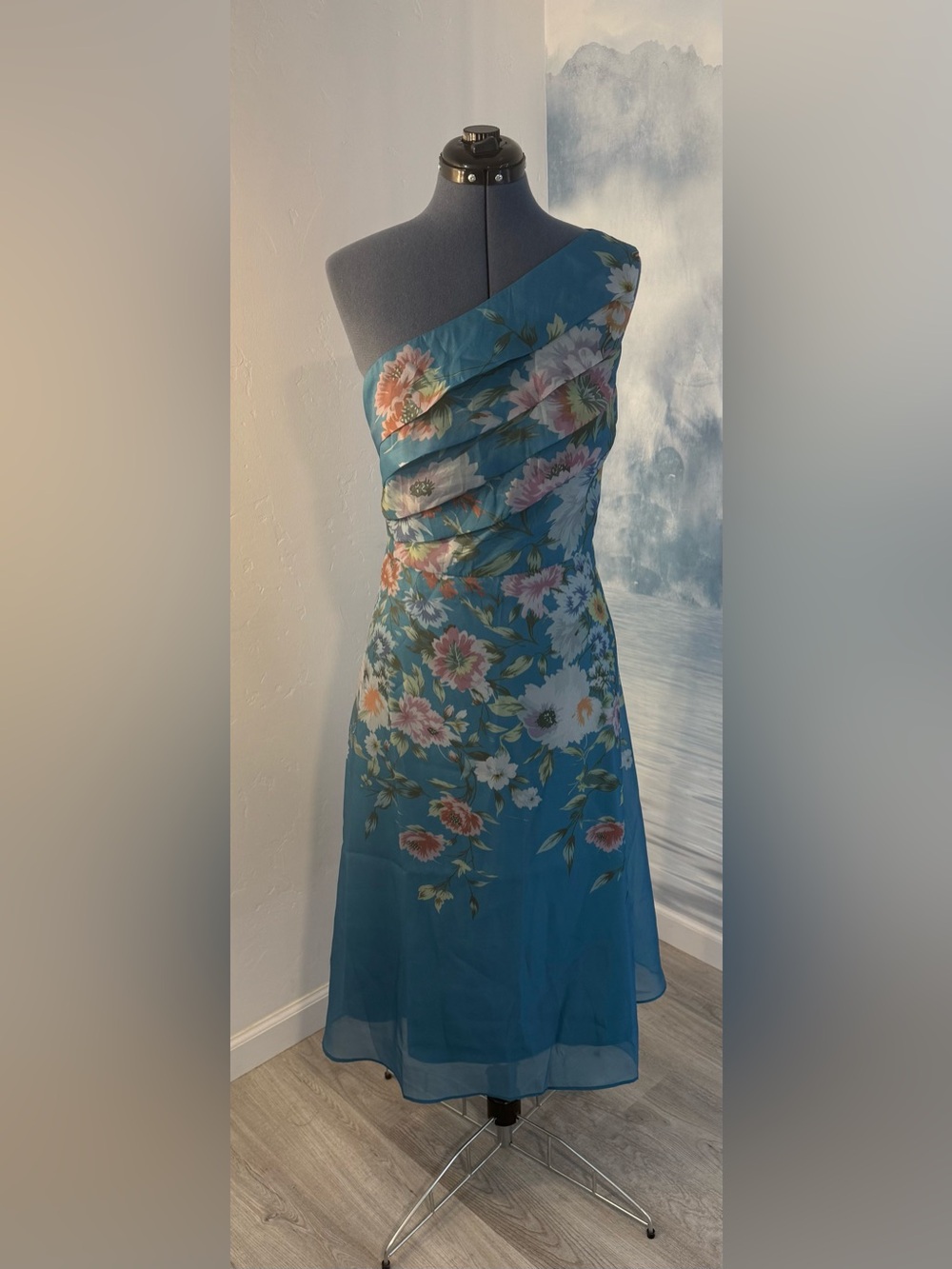 One-Shoulder Teal Floral Midi Dres#292